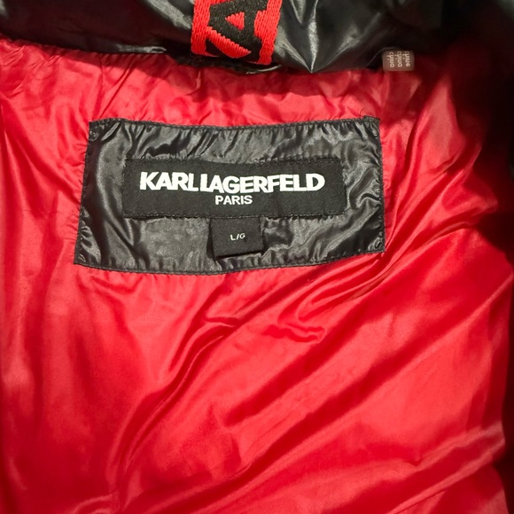 Karl Lagerfeld Black Long Puffer Coat with Red Accents - Picture 5 of 6